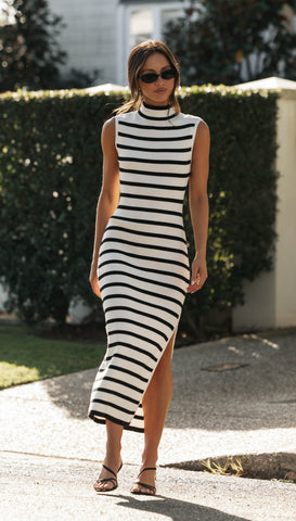Simone Midi Dress (Black Stripe)